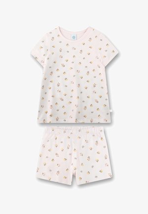 Hellrosa Kurzarm-Oberteil und Shorts mit kleinen gelben und pinken Blumen- und Kronenmuster.