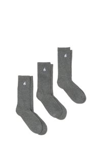 Set di tre paia di calzini in cotone grigio, con una texture morbida, altezza media e un logo a fiamma bianca su ogni calzino.