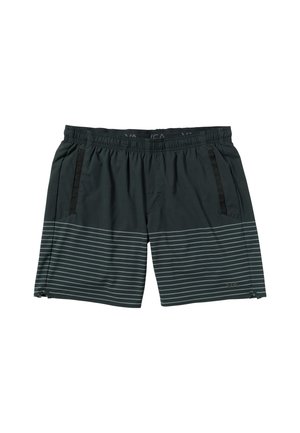 Dunkelgrüne Badeshorts aus leichtem Stoff, mit horizontalen grauen Streifen, elastischem Bund und Seitentaschen.