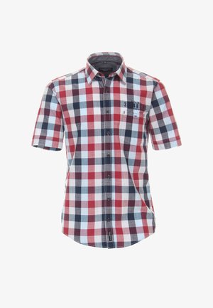 Korte mouwen overhemd met knopen, met een rood, wit, zwart en blauw geruit patroon en een borstzak met bedrukte tekst.