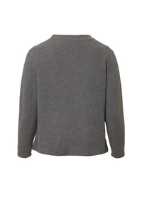 Grauer Pullover mit langen Ärmeln und rundem Ausschnitt, aus weichem Stoff gefertigt. Verfügt über saubere Nähte und einen geraden Saum an der Taille.