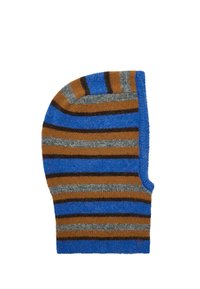 Rękawica ocieplająca na dłonie wykonana na drutach, w niebiesko-brązowo-szare pasy. Zaokrąglony kształt z otwartym miejscem na kciuk, miękka faktura i bezszwowe wykończenie.