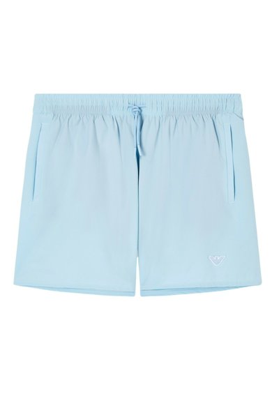 Ανοιχτό μπλε ανδρικό μαγιό με ελαστική μέση, κορδόνι, πλαϊνές τσέπες και μικρό λογότυπο στο αριστερό πόδι.