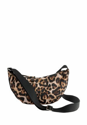 Leopard print crescent-shaped crossbody bag with black adjustable strap and zipper closure on a white background.