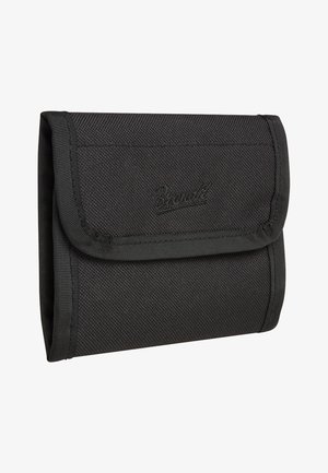Black fabric wallet with a textured surface, fold-over flap, and embroidered logo. Features stitch detailing along the edges.
