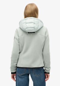 Chaqueta de microfibra verde claro con capucha acolchada y con acolchado, con puños y dobladillo de canalé negros. Etiqueta de marca visible en la parte posterior.