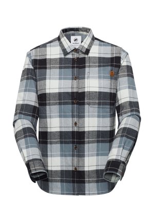 Geruit flanellen overhemd in grijs, zwart en wit met een knoopsluiting aan de voorkant, een borstzak en een logopatch aan de linkerkant bij de schouder.
