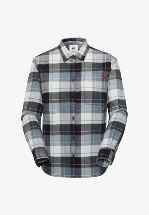 Geruit flanellen overhemd in grijs, zwart en wit met een knoopsluiting aan de voorkant, een borstzak en een logopatch aan de linkerkant bij de schouder.