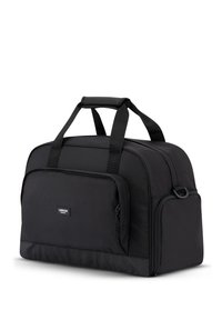 Černá sportovní taška vyrobená z odolné tkaniny, s dvěma pevným ušima, přední kapsou na zip a elegantním obdélníkovým tvarem.