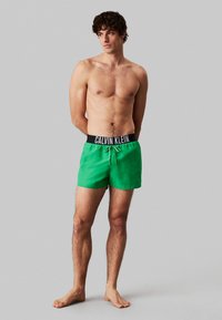 Pantaloni da bagno verdi con elastico nero in vita, con logo "CALVIN KLEIN", chiusura con laccio e tessuto liscio.