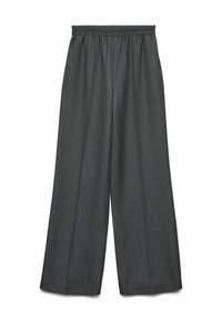 Wide-leg trousers made of a textured dark gray fabric with an elastic waistband; features a loose, draped silhouette for comfort.
