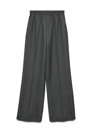 Wide-leg trousers made of a textured dark gray fabric with an elastic waistband; features a loose, draped silhouette for comfort.