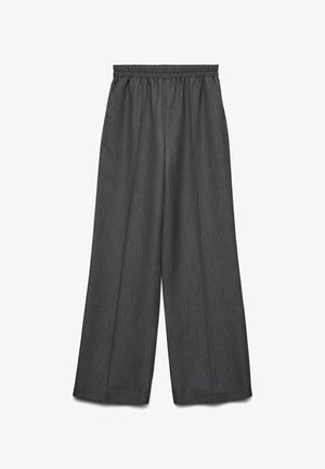 Wide-leg trousers made of a textured dark gray fabric with an elastic waistband; features a loose, draped silhouette for comfort.