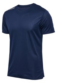 Marinblå kortärmad sportt-shirt, tillverkad av ett lätt material med en texturerad yta. Har en rundad halsringning och logotypdekoration.