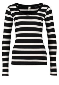 Schwarz-weißer gestreifter Langarmshirt mit rundem Ausschnitt, aus einem weichen Stoff gefertigt, mit gleichmäßigen horizontalen Streifen über die gesamte Fläche.