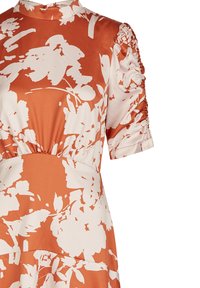 Orange und cremefarbenes Blumenkleid mit einem hohen Ausschnitt, kurzen gerafften Ärmeln und einer weichen, fließenden Stoffstruktur. Mit einem elastischen Bund.