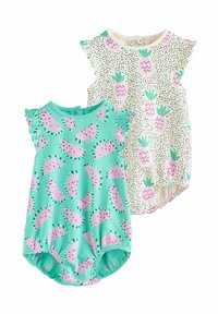 Två babydräkter: en turkos med rosa vattenmelonmönster, den andra vit med ananasdesign och svarta prickar, med volangärmar.