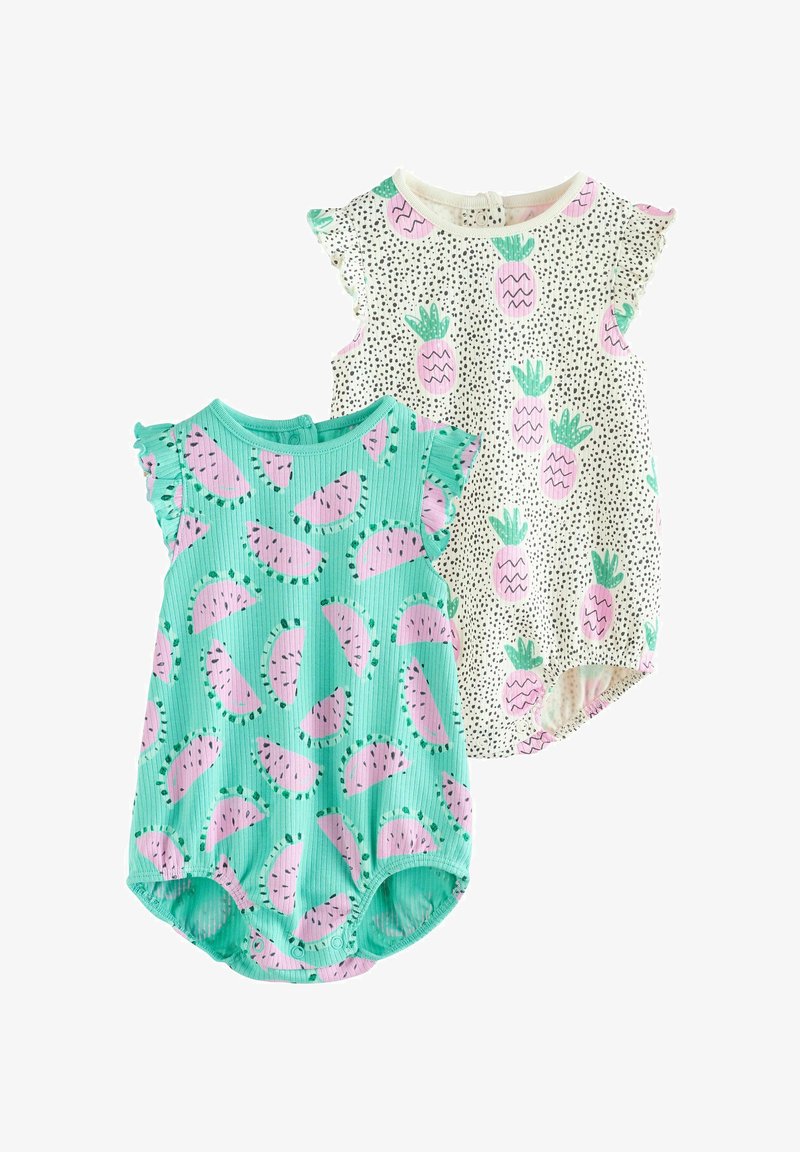 To ærmeløse babyheldragter med flæseærmer; den ene turkis med pink vandmelonmønster, den anden hvid med pink ananasmønster.