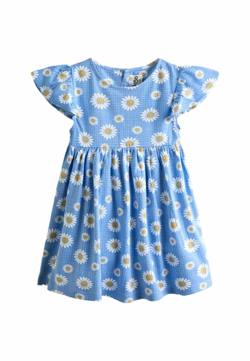 Vestido de cuadros vichy azul con margaritas blancas, mangas cortas con volantes y cintura fruncida. Tela ligera con textura suave y estampado floral.