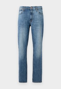 Lys blå denimjeans med rett ben-design, fem lommer, knappelukking og svake whisker-effekter foran for teksturdetaljer.