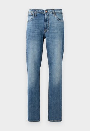 Light blue denim jeans with a straight leg design, five pockets, button closure, and faint whiskering on the front for texture details.