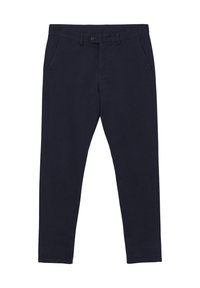 Navy Baumwoll-Chinos mit Slim Fit, die über Seitentaschen, einen Knopfverschluss und eine glatte, strukturierte Oberfläche verfügen. Keine sichtbaren Muster oder Akzente.