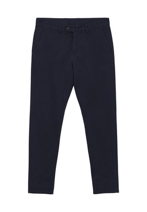 Chinos en coton bleu marine avec une coupe slim, dotés de poches latérales, d'une fermeture à bouton et d'une finition lisse et texturée. Pas de motifs ou d'accent visibles.
