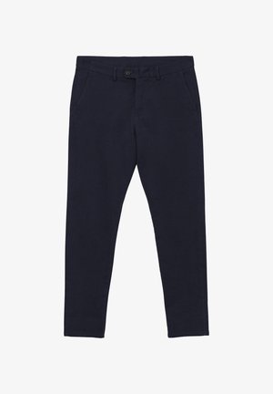 Navy Baumwoll-Chinos mit Slim Fit, die über Seitentaschen, einen Knopfverschluss und eine glatte, strukturierte Oberfläche verfügen. Keine sichtbaren Muster oder Akzente.