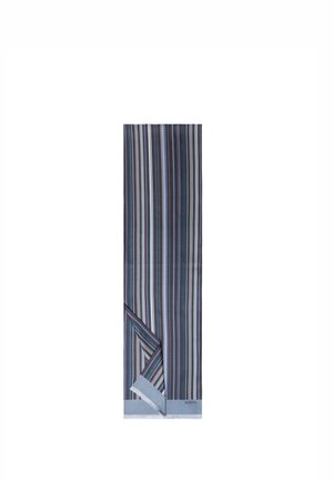 Long rectangular scarf with vertical stripes in black, blue, and white, light blue borders, and a small logo on one end.