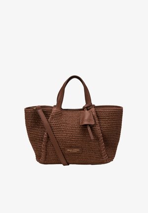 Sac à main tissé marron avec doubles poignées, bandoulière amovible et plaque avec le logo Marc O’Polo sur le devant.