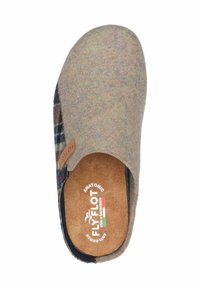 Gray felt slip-on shoe with a patterned textile side, brown leather tag, and soft, textured insole labeled "Fly Flot Anatomic."