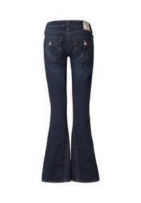 Tmavomodré rozšírené džínsy so stredne vysokým pásom, zadnými vreckami s dekoratívnym prešitím a kovovými doplnkami, a značkovou štítkovou na páse.