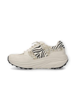 Massiver beiger Sneaker mit schwarzen Zebrastripes und goldglitzernden Akzenten, dicker Sohle und Schnürverschluss.