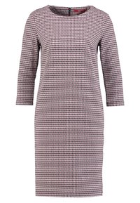 Robe mi-longue à manches longues avec un motif pied-de-poule rouge, noir et blanc et un col rond, fermeture éclair au dos.