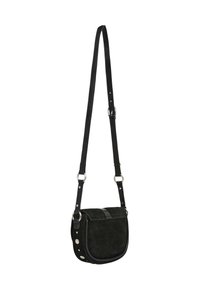 Borsa a tracolla in suede nera con forma rotonda, dettagli in pelle, tracolla regolabile e bottoni a scatto in metallo sui lati.
