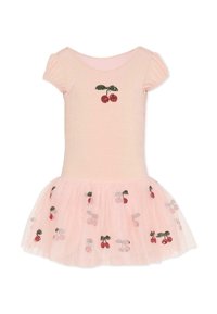 Roze jurk met korte pofmouwen, met een kersenmotief op het lijfje en een tule rok versierd met kersen- en strikpatronen.