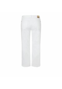 White denim jeans with a straight-leg design, featuring back pockets, a leather label at the waistband, and subtle stitching details.