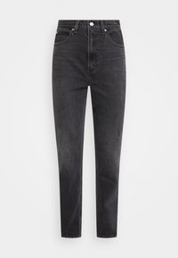 Jeans negros de talle alto con corte recto, confeccionados en denim. Presentan un sutil efecto de desgastado y un cierre clásico con botón.
