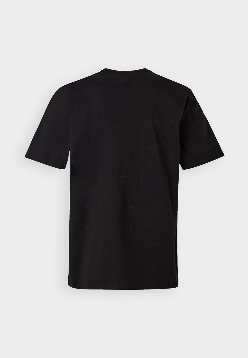 T-shirt noir à manches courtes avec un col rond, fabriqué en coton doux ; présente un dos uni sans motifs ni accents.