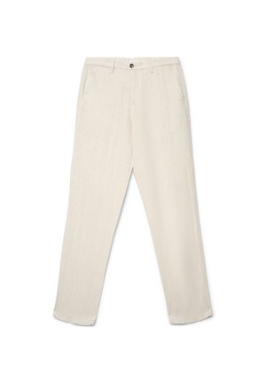 Pantaloni beige a gamba dritta con bottone frontale, cerniera, passanti per cintura e tasche laterali, distesi su sfondo bianco.