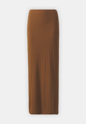 Gonna midi a coste marrone con silhouette dritta e vita alta; presenta linee verticali per un tocco di texture e interesse visivo.