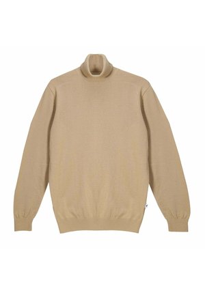 Pull à col roulé beige à manches longues avec poignets et ourlet côtelés, présenté à plat sur un fond blanc.