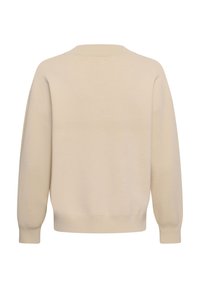Pull beige à manches longues avec poignets, ourlet et encolure côtelés, vu de dos sur fond blanc.
