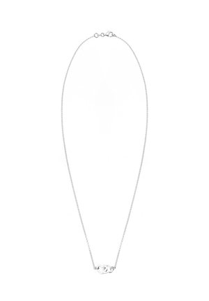 Zilveren ketting met een hanger in de vorm van verstrengelde lussen. Minimalistisch ontwerp met een gladde textuur en een lichte glans. Verstelbare lengte.