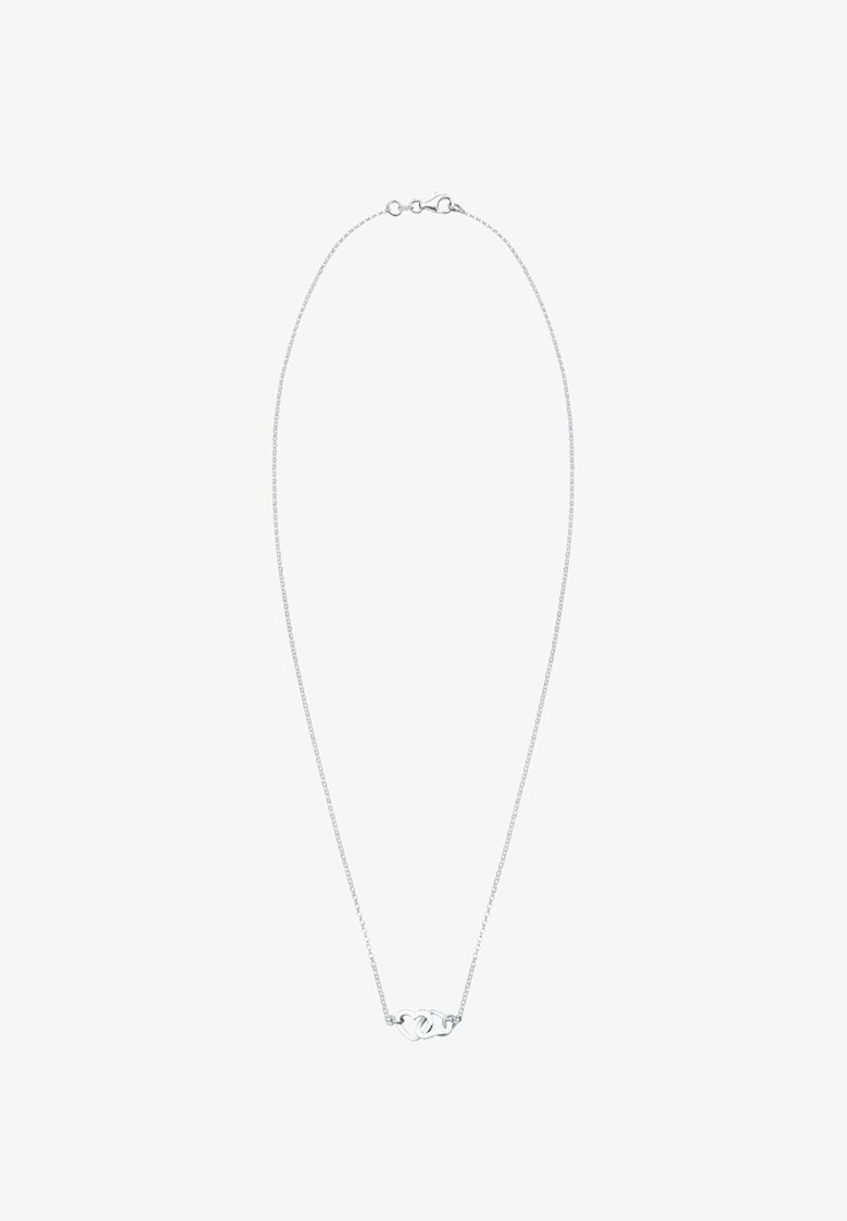 Eine silberne Kettenhalskette mit einem Anhänger in Form von ineinander geschlungenen Schlaufen. Minimalistisches Design mit glatter Oberfläche und leichtem Glanz. Verstellbare Länge.