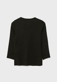 Schwarz langärmliges Shirt mit rundem Ausschnitt und eingesetzten Ärmeln, aus einem weichen, leichten Stoff gefertigt. Keine sichtbaren Muster oder Verzierungen.
