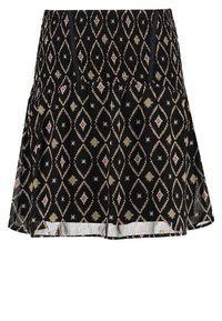 Jupe noire avec un motif en diamant, rehaussé de doré, rouge et blanc. Tissu texturé avec une taille smockée et un ourlet évasé.