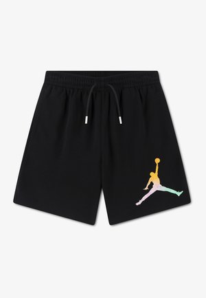 Μαύρο αθλητικό σορτς με ελαστική μέση και κορδόνι, με πολύχρωμη σιλουέτα παίκτη μπάσκετ που καρφώνει στη χαμηλότερη δεξιά πλευρά του ποδιού.