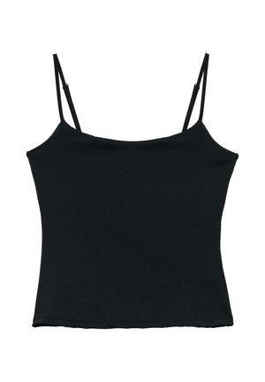 Haut court noir sans manches avec fines bretelles réglables et encolure droite.