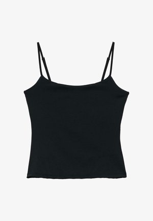 Top negru scurt fără mâneci, cu bretele subțiri reglabile și decolteu drept.